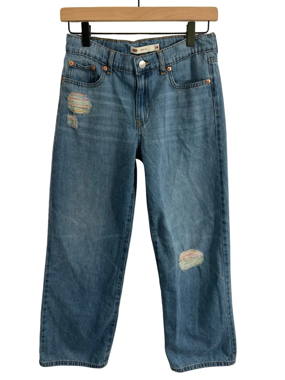 Girls Levi’s Wide Leg Distressed Jeans Size 14 Adjustable Waist Stretch Denim